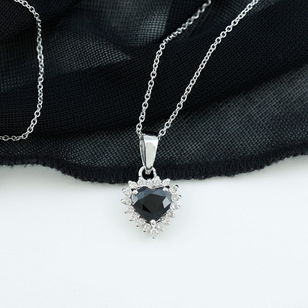 Natural Black Spinel Heart Shape Necklace with Moissanite Halo