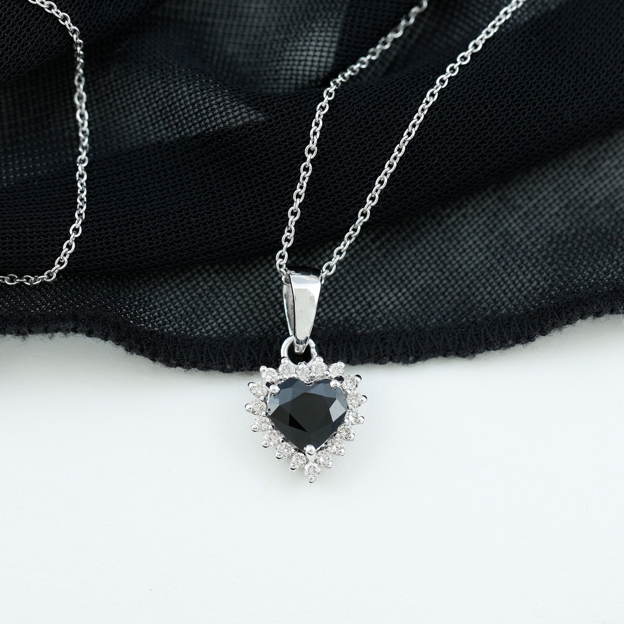 Natural Black Spinel Heart Shape Necklace with Moissanite Halo