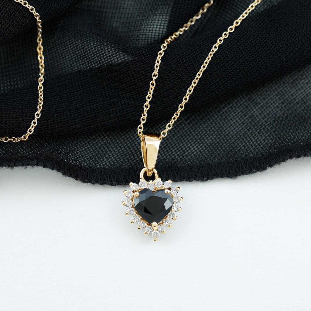 Natural Black Spinel Heart Shape Necklace with Moissanite Halo