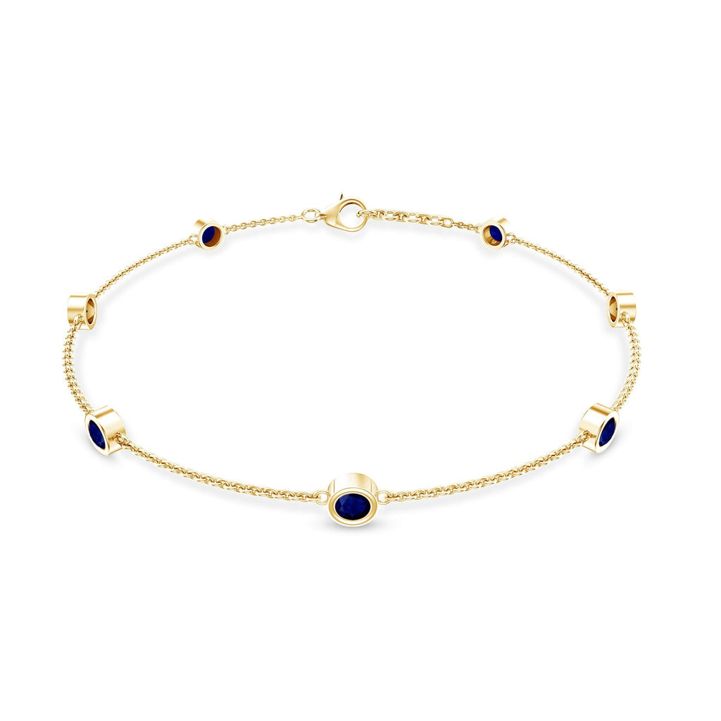 Natural Blue Sapphire 7 Stone Station Chain Bracelet