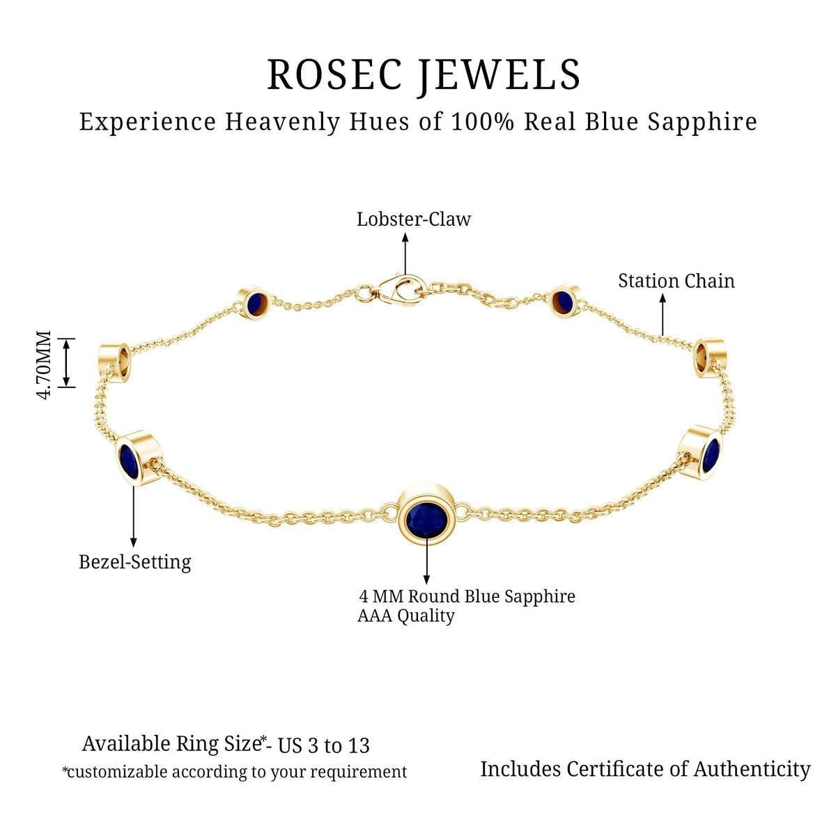 Natural Blue Sapphire 7 Stone Station Chain Bracelet