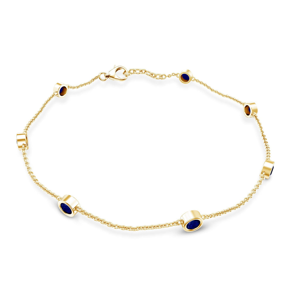 Natural Blue Sapphire 7 Stone Station Chain Bracelet