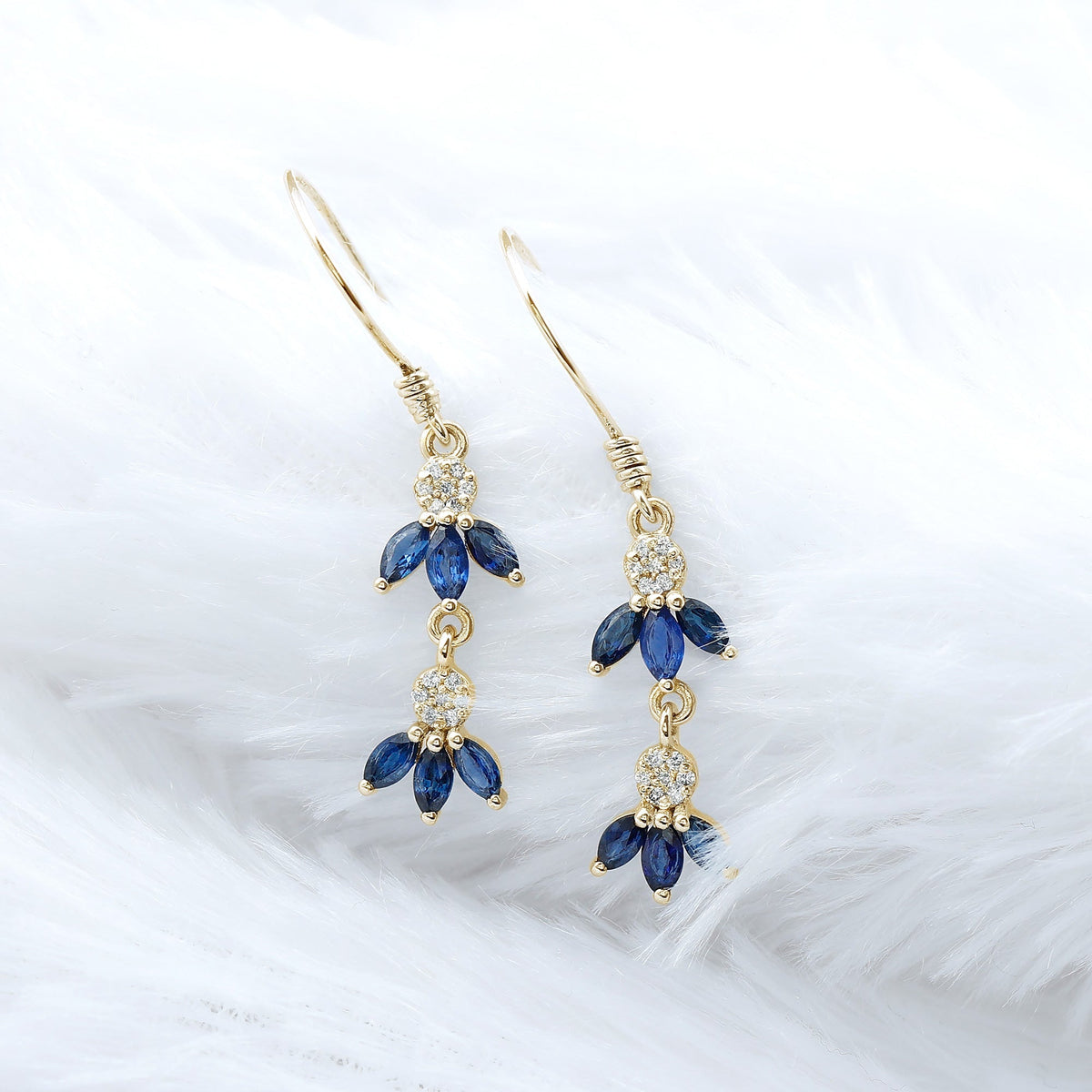 Natural Blue Sapphire and Diamond Leaf Dangle Earrings