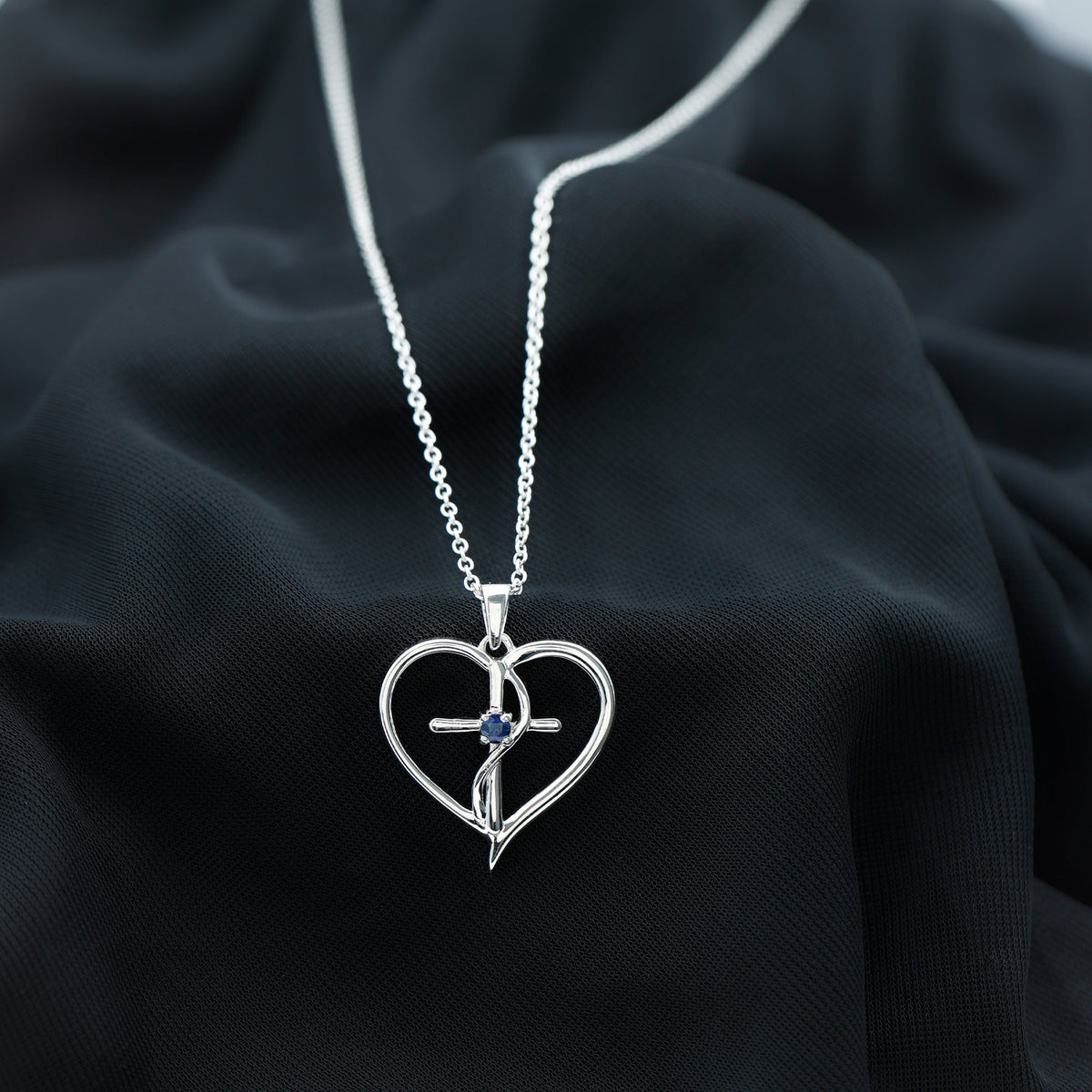 Natural Blue Sapphire Heart Cross Necklace in 14k Gold Plated Silver
