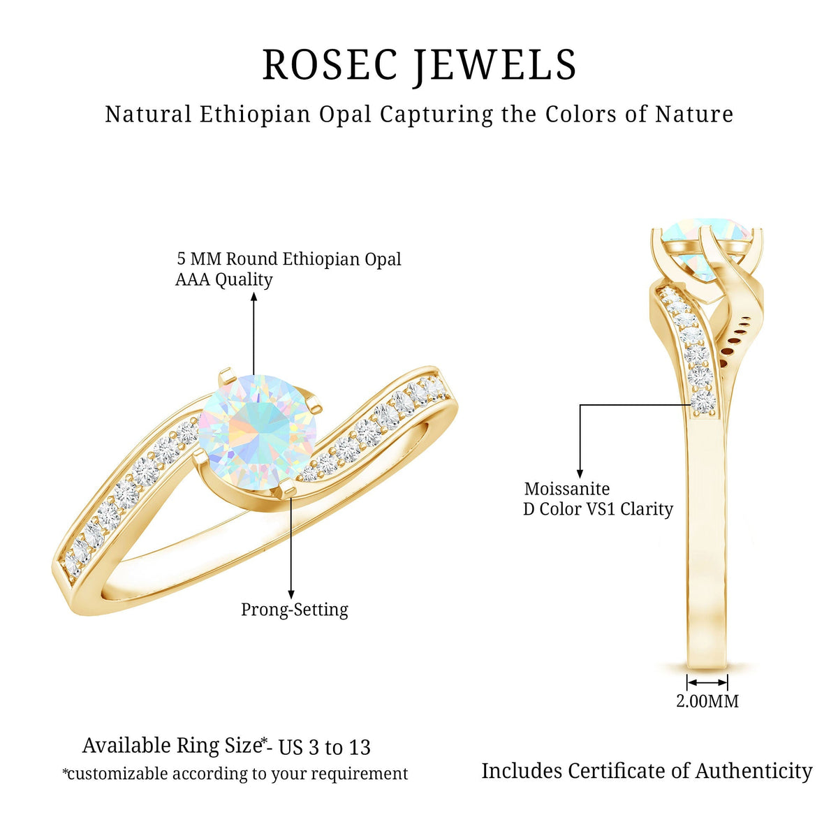 Natural Certified Ethiopian Opal Solitaire Promise Ring with Bypass Shank