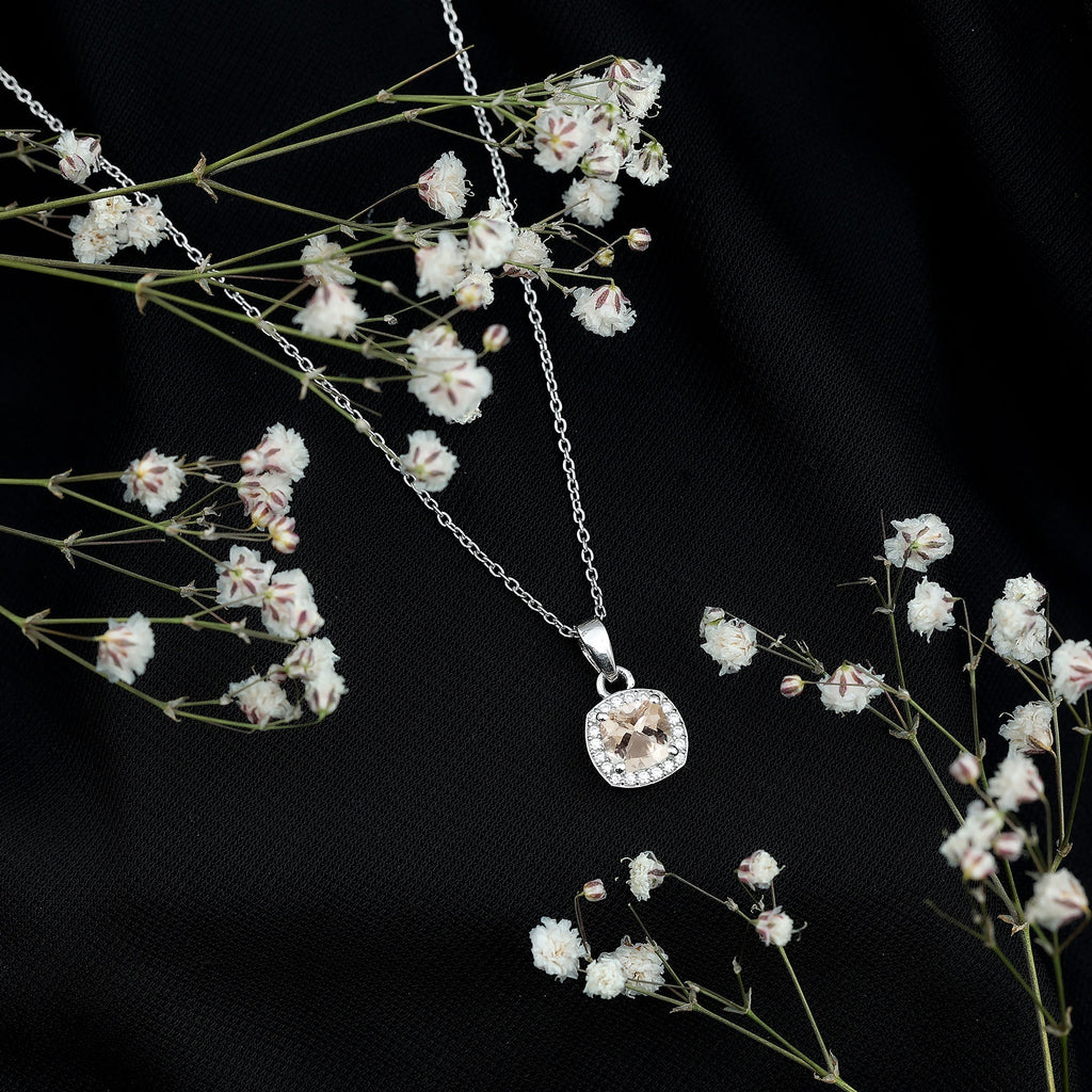 Natural Cushion Cut 1 Carat Morganite Necklace with Moissanite Halo