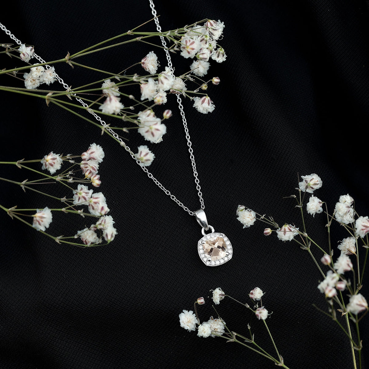 Natural Cushion Cut 1 Carat Morganite Necklace with Moissanite Halo