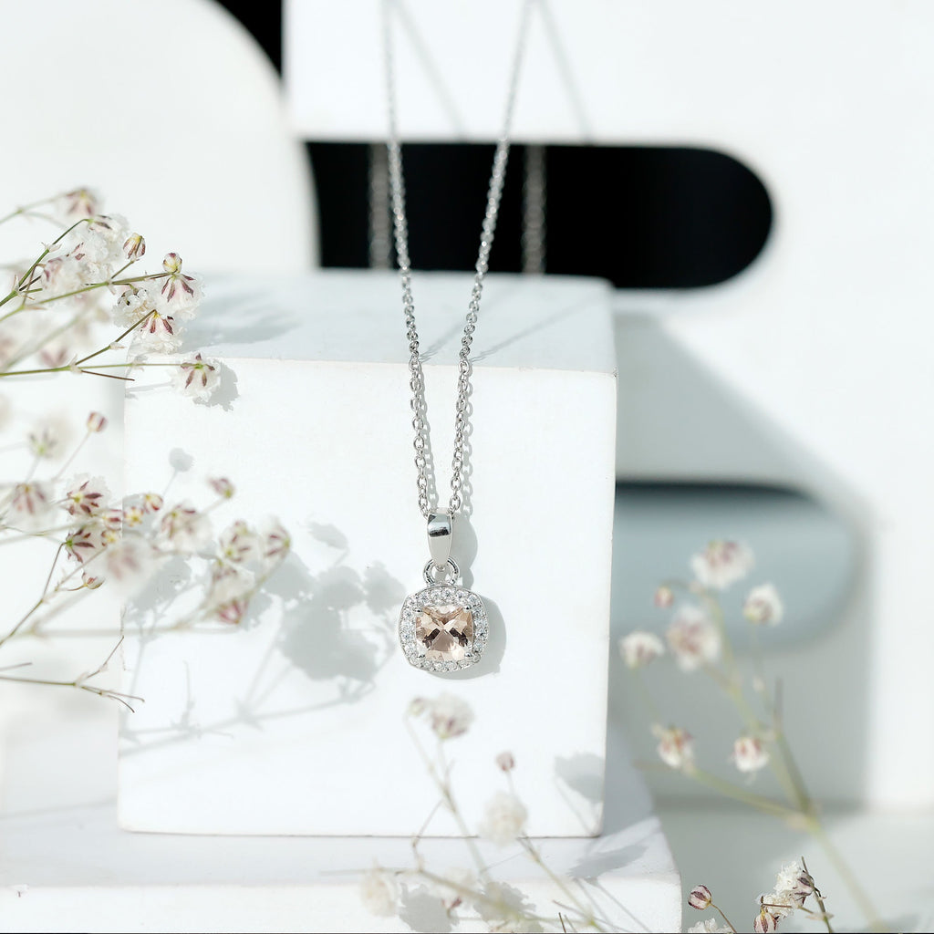 Natural Cushion Cut 1 Carat Morganite Necklace with Moissanite Halo