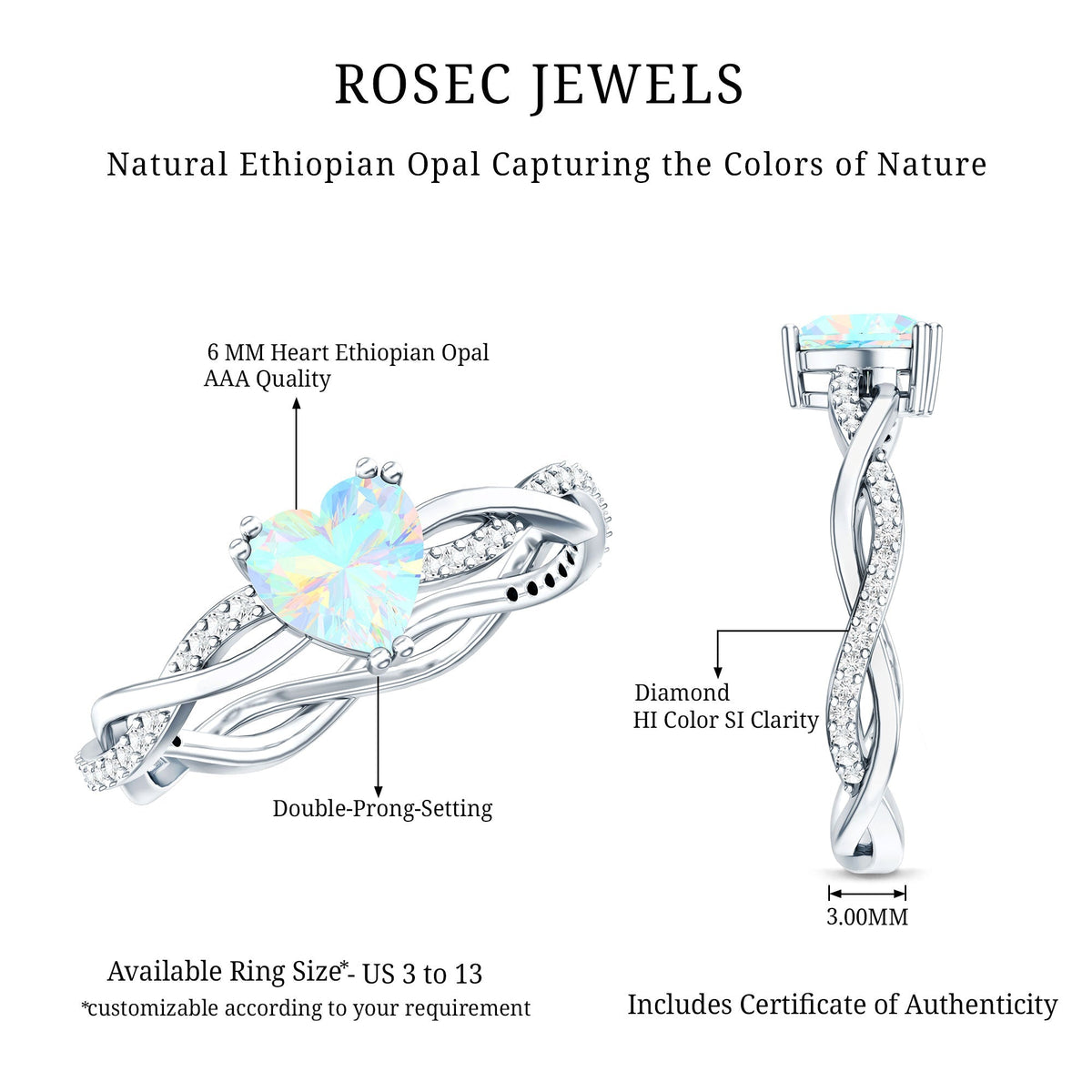 Natural Ethiopian Opal Diamond Heart Promise Engagement Ring