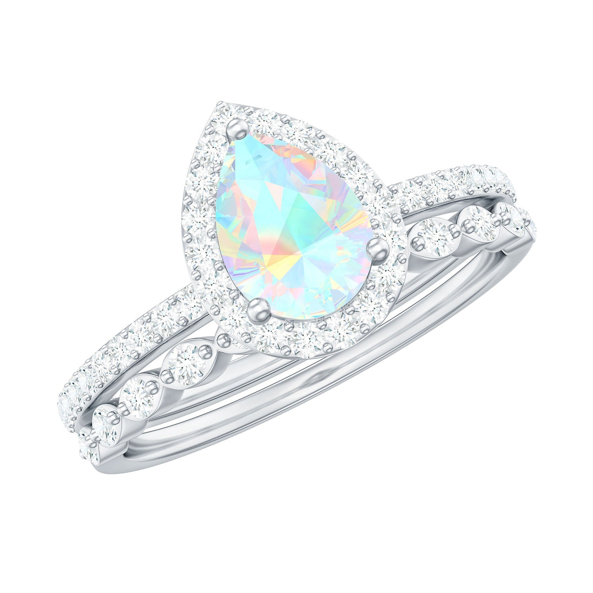 Natural Ethiopian Opal Diamond Pear Shaped Engagement Ring and Wedding Band Set