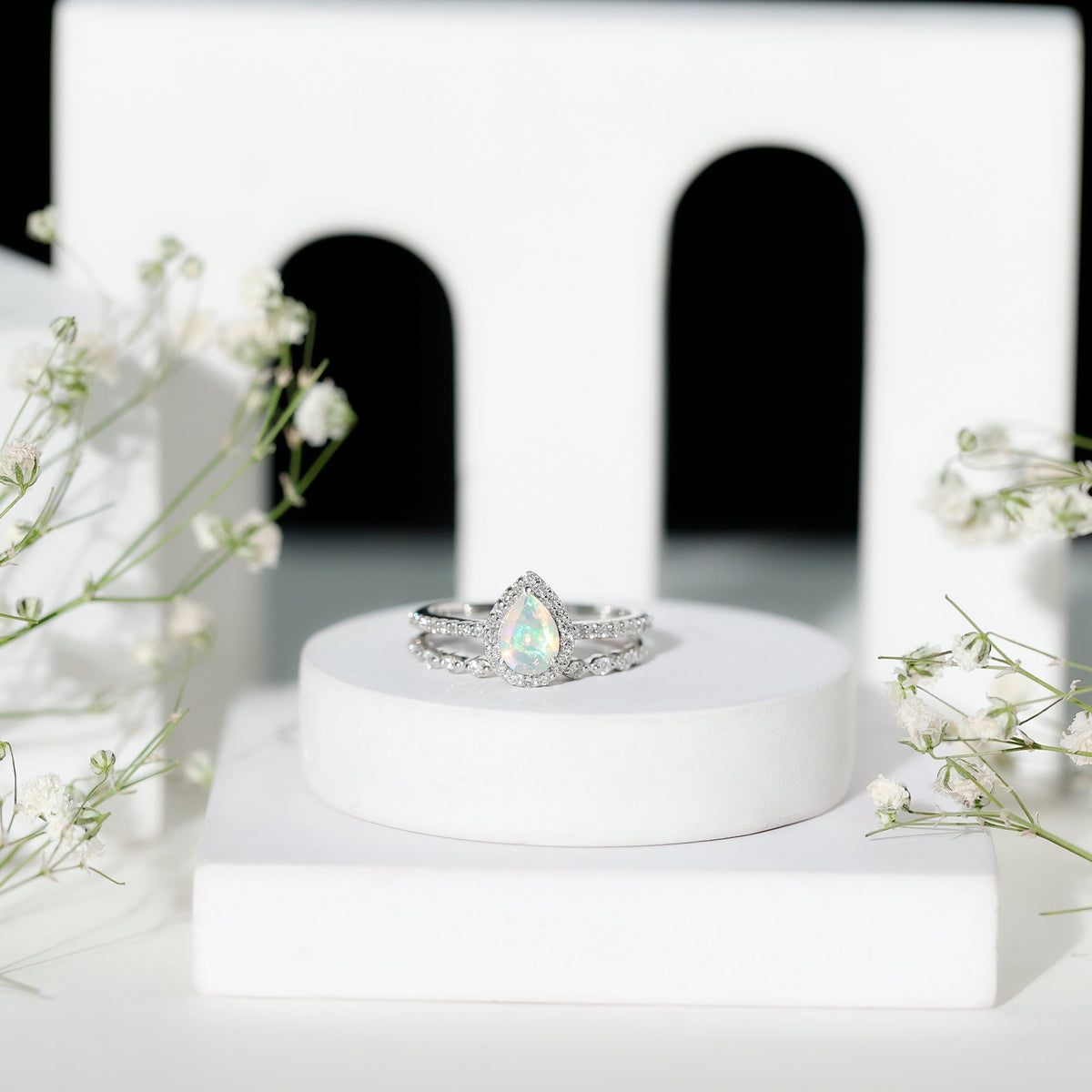 Natural Ethiopian Opal Diamond Pear Shaped Engagement Ring and Wedding Band Set