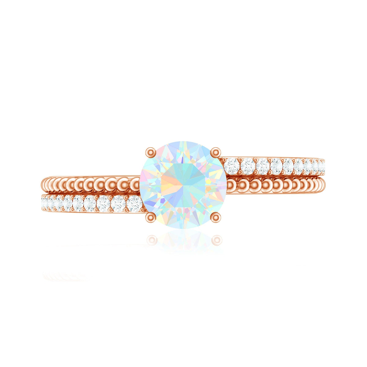 Natural Ethiopian Opal Diamond Solitaire Engagement Ring with Beaded Detailing