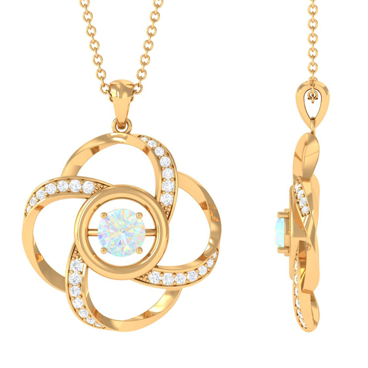 Natural Ethiopian Opal Floral Pendant Necklace with Diamond