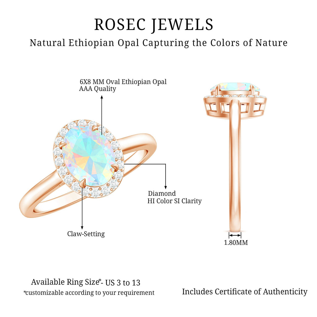 Natural Ethiopian Opal Oval Engagement Ring with Diamond Halo