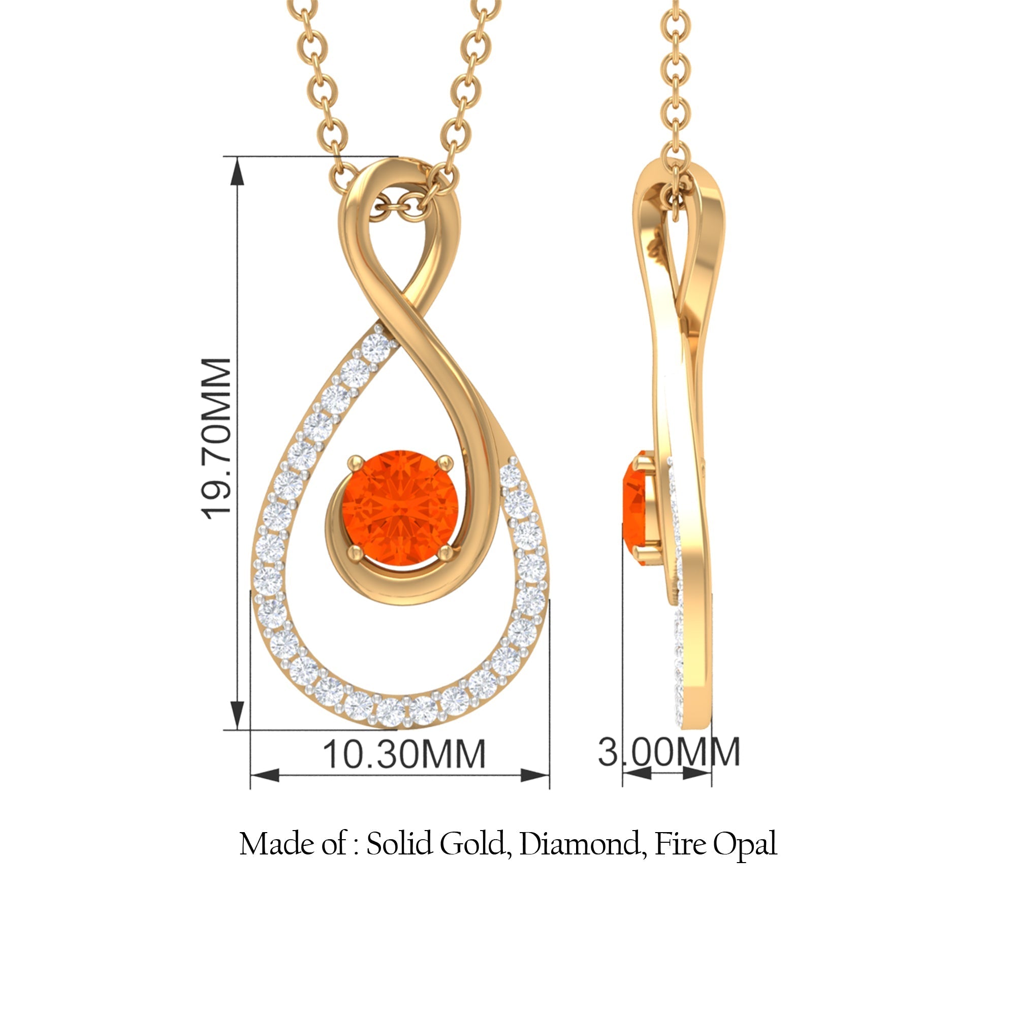 Natural Fire Opal Infinity Pendant Necklace with Diamond