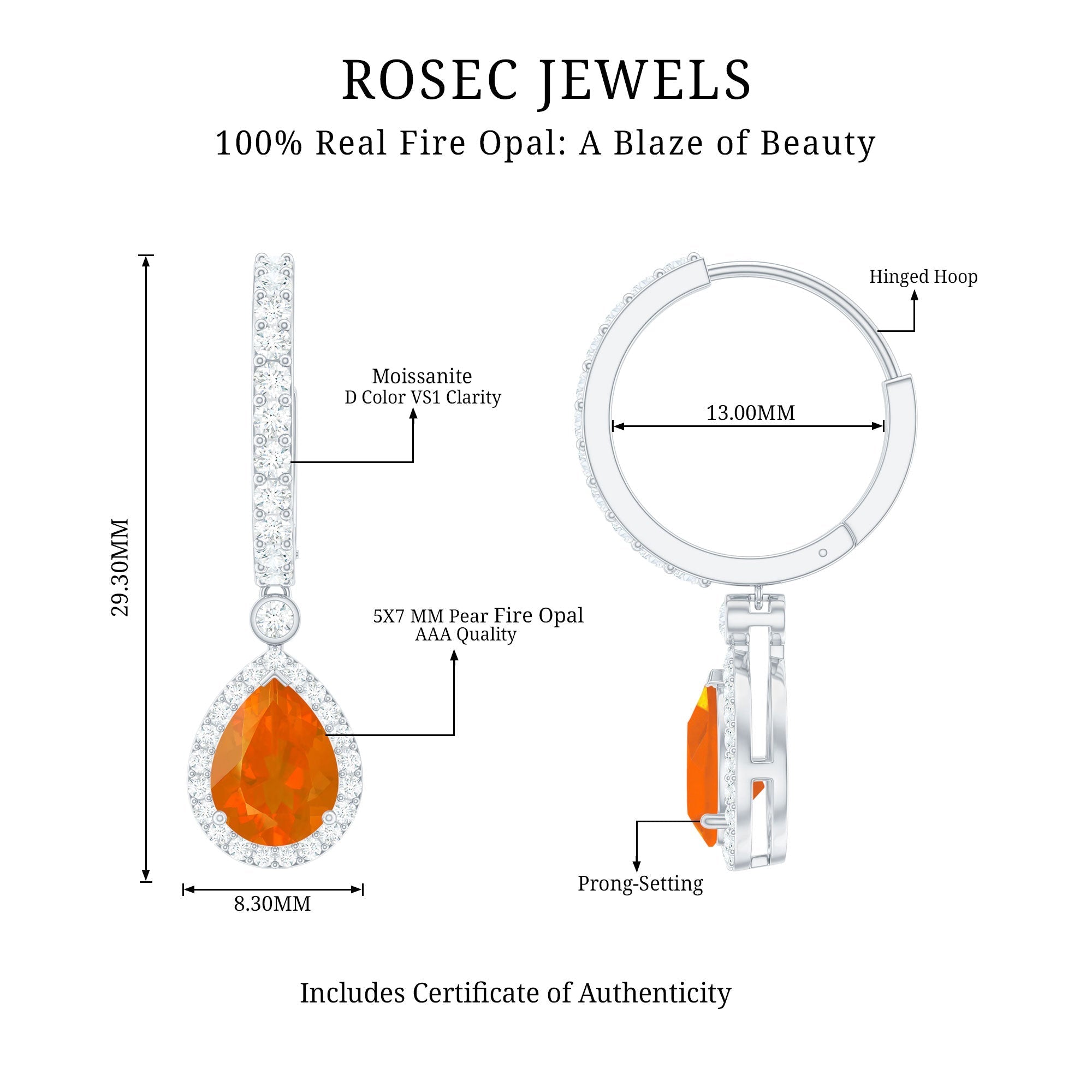 Natural Fire Opal Teardrop Hoop Earrings with Moissanite