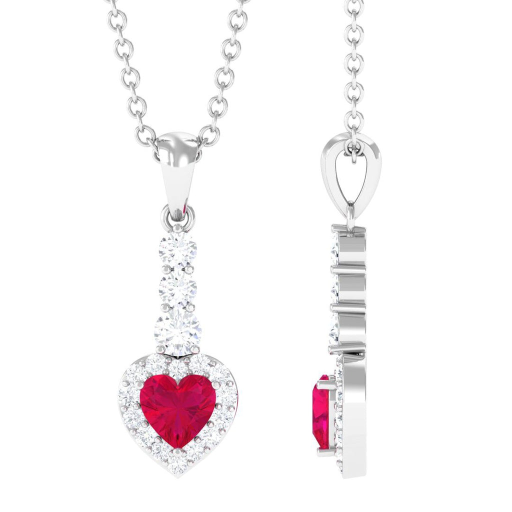 Natural Heart Shape Ruby and Diamond Drop Pendant Necklace