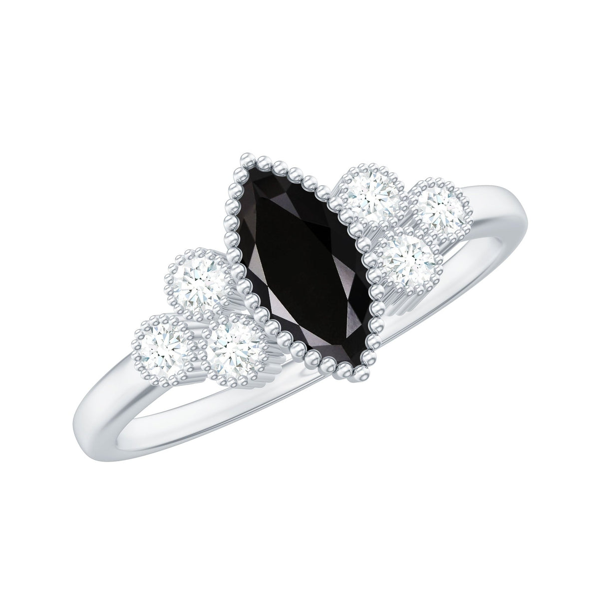 Natural Marquise Black Spinel Engagement Ring with Diamond Trio