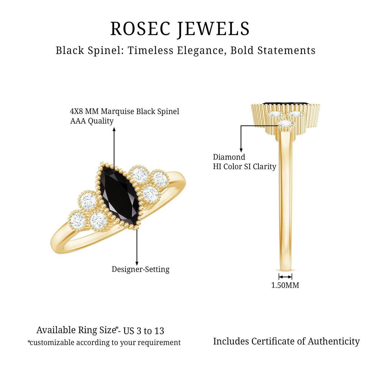 Natural Marquise Black Spinel Engagement Ring with Diamond Trio