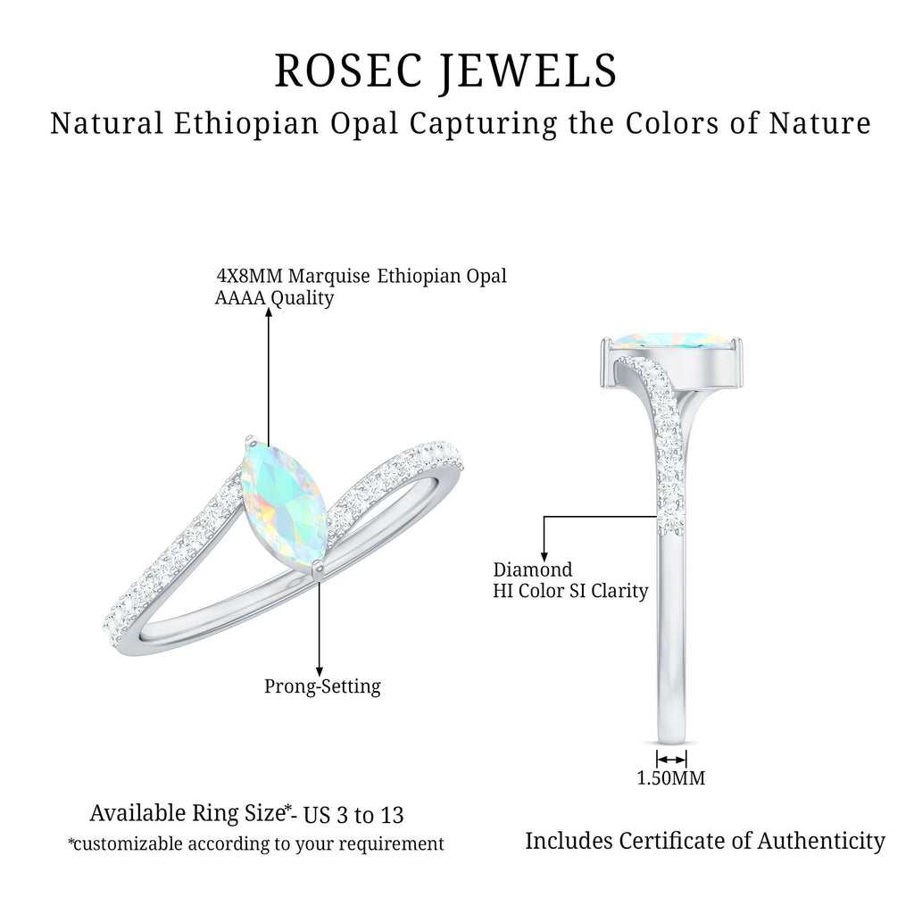 Natural Marquise Ethiopian Opal Diamond Promise Ring with Bypass Shank
