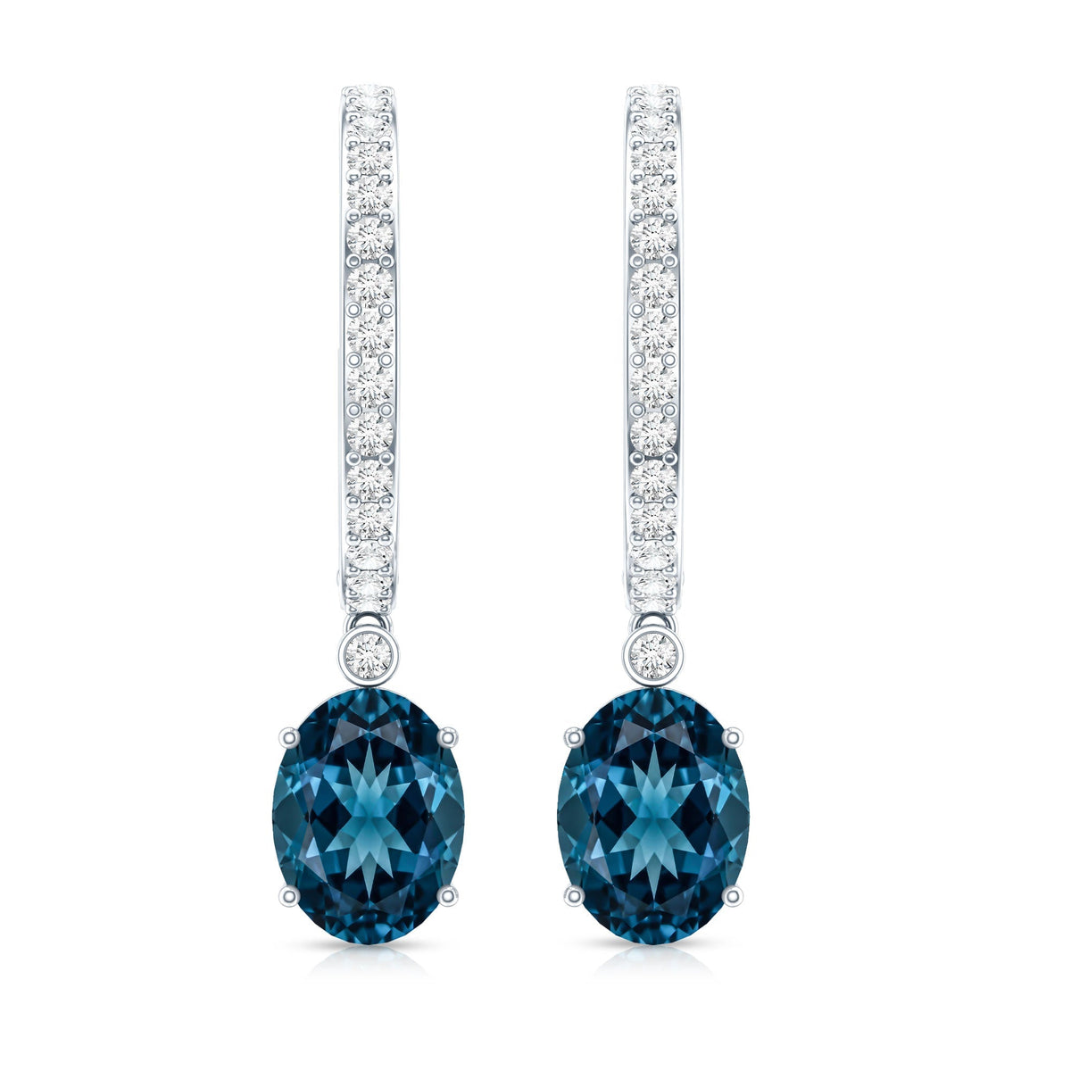 Natural Oval 2.2 Carat London Blue Topaz Drop hoop Earrings with Diamond