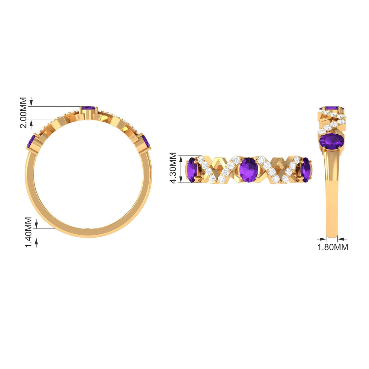 Natural Oval Amethyst Half Eternity Ring with Diamond