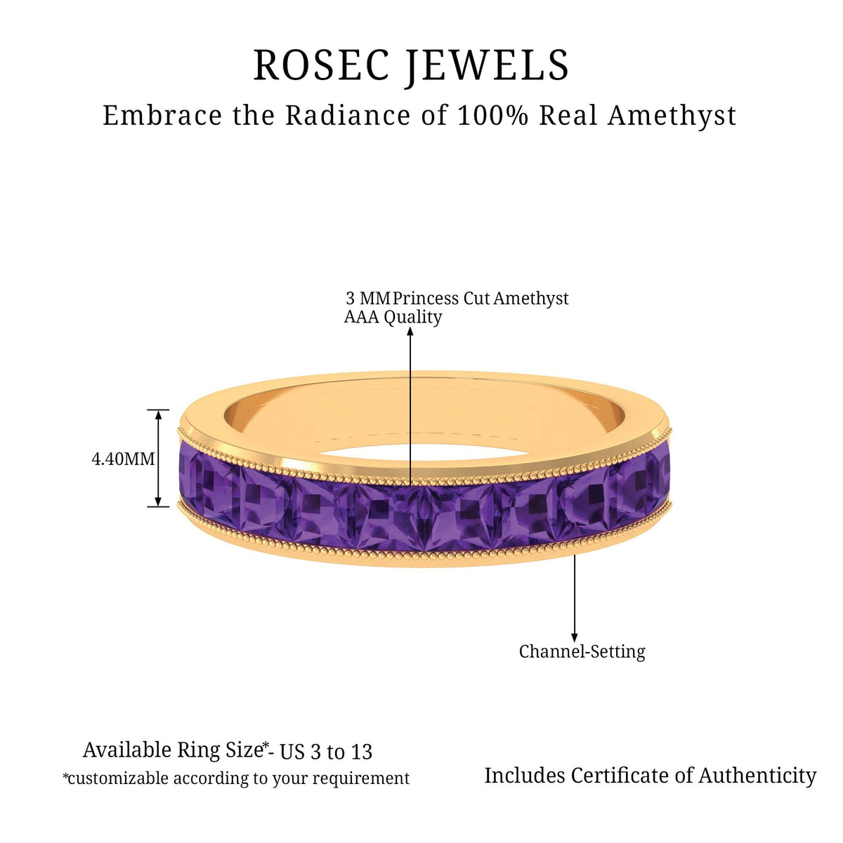 Natural Princess Cut Amethyst Half Eternity Ring for Women