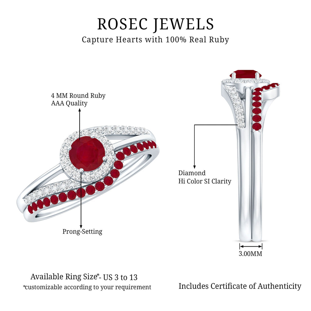 Natural Ruby Diamond Wedding Engagement Ring Set for Women