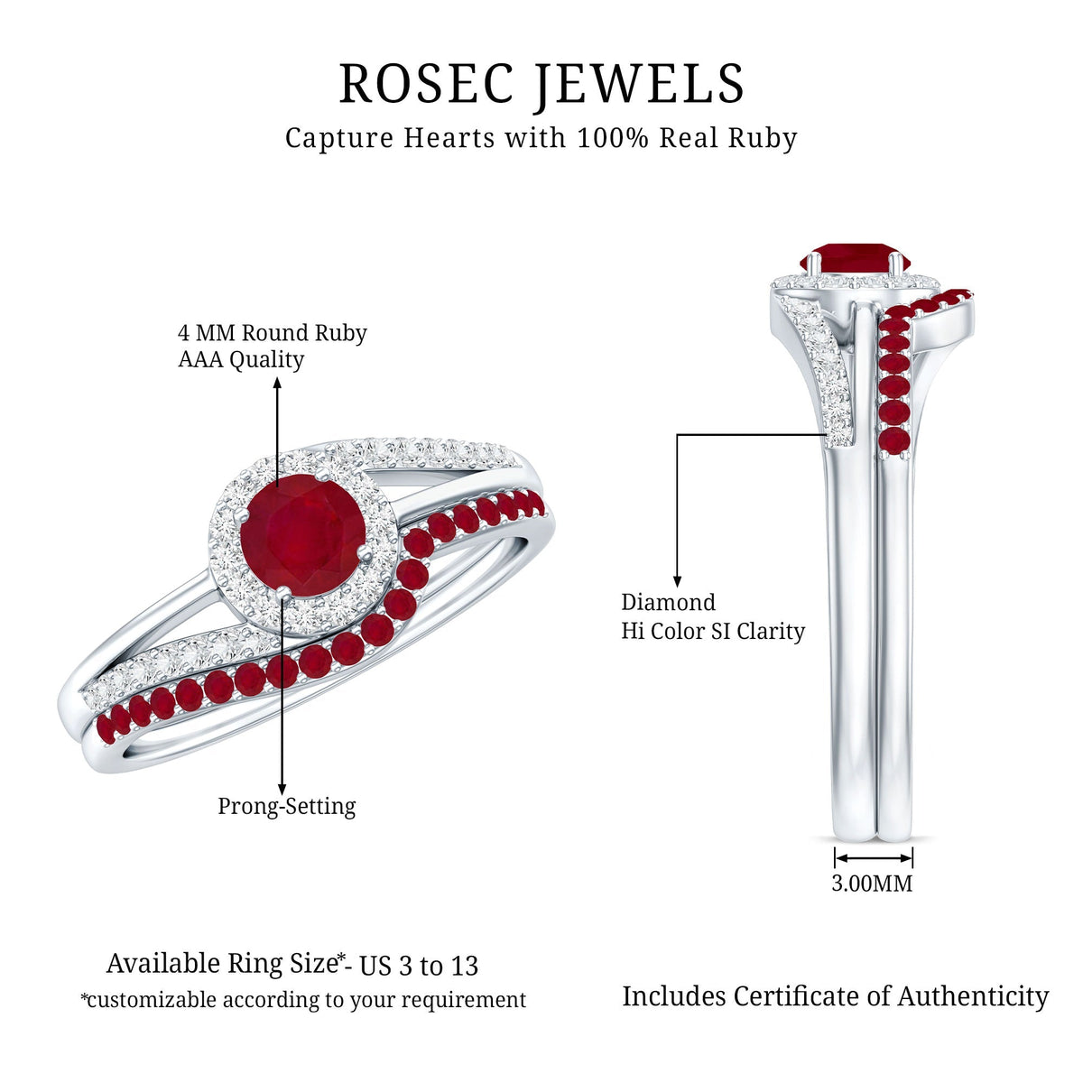 Natural Ruby Diamond Wedding Engagement Ring Set for Women