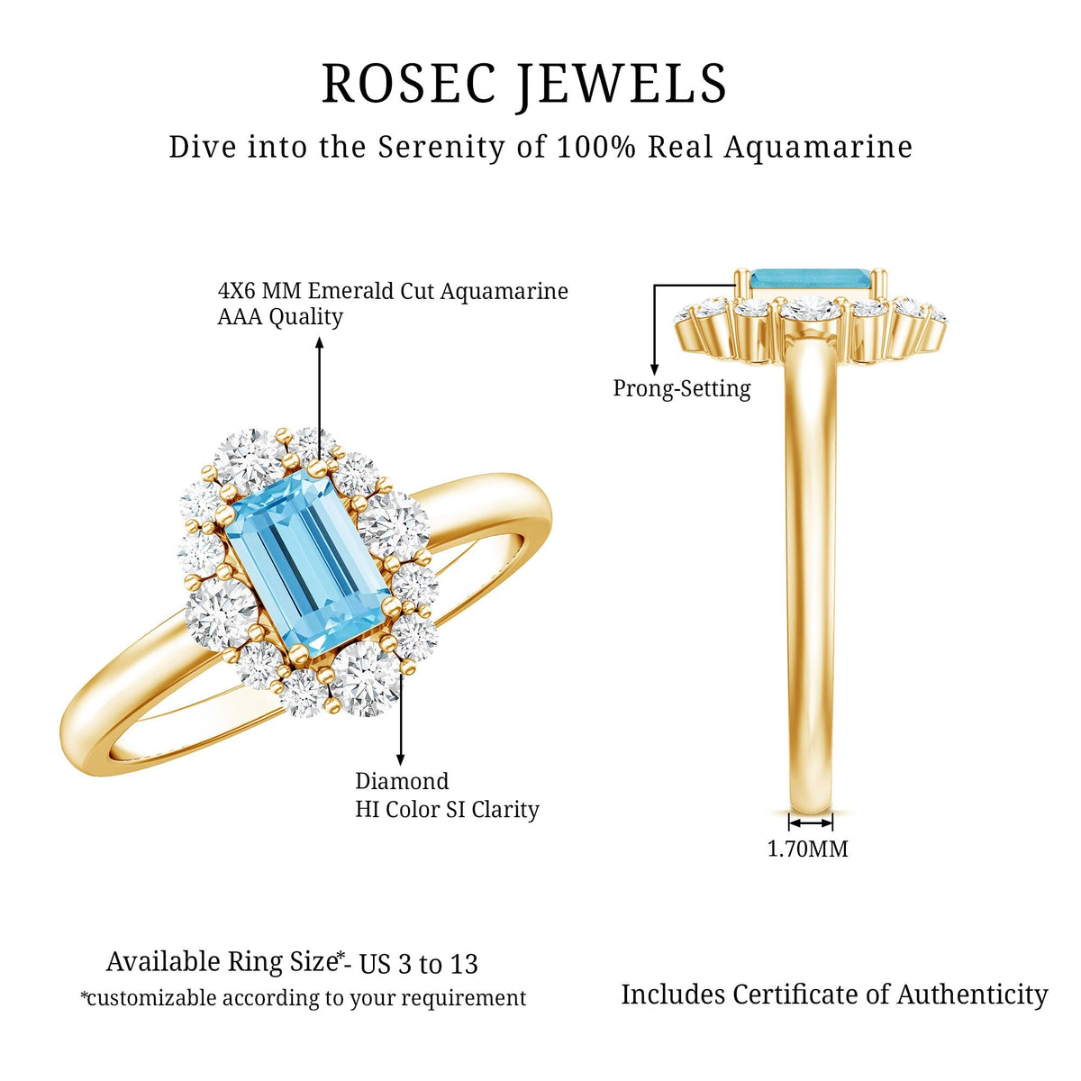 Octagon Aquamarine Ring – Diamond Halo Engagement Ring with Blue Gemstone Elegance