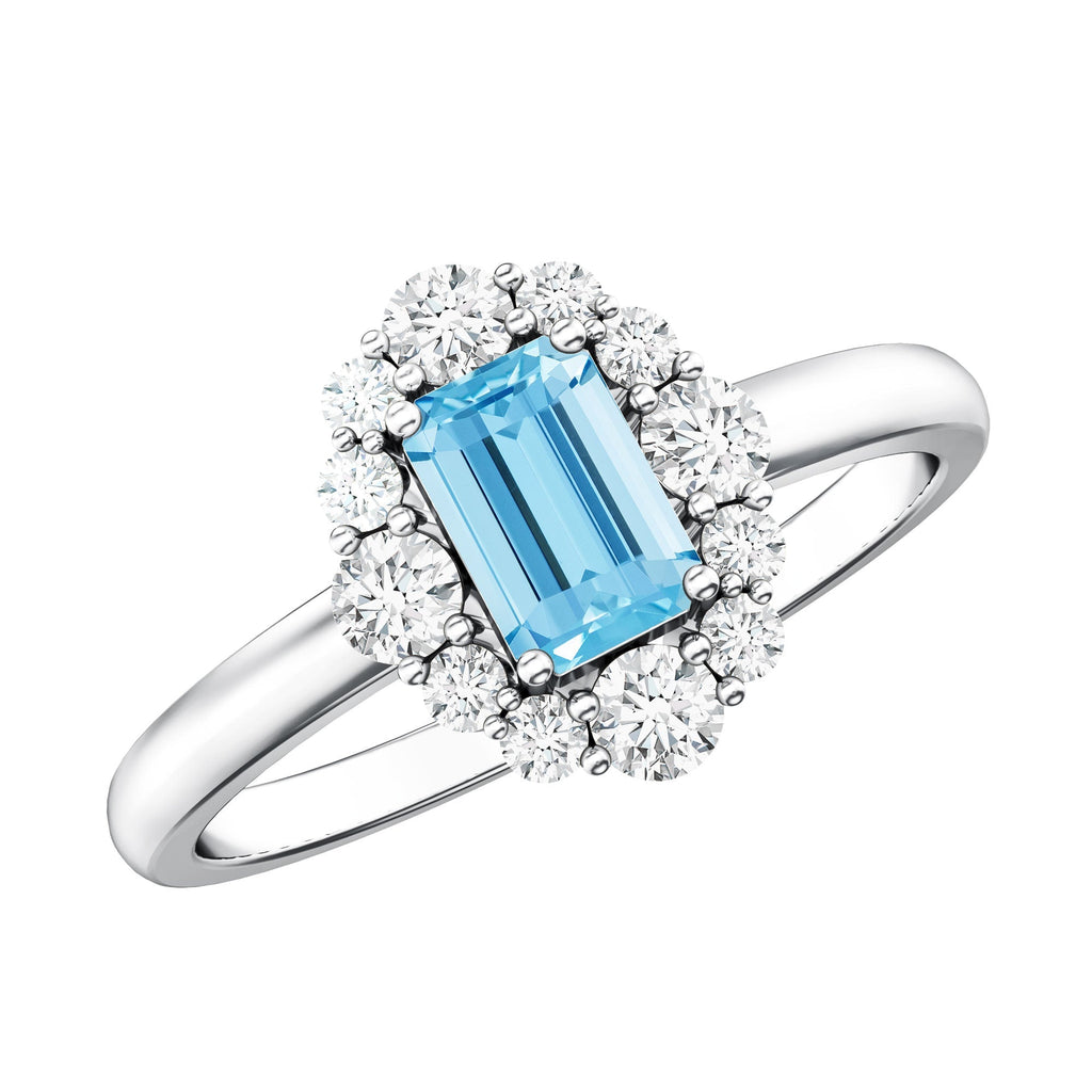 Octagon Aquamarine Ring – Diamond Halo Engagement Ring with Blue Gemstone Elegance