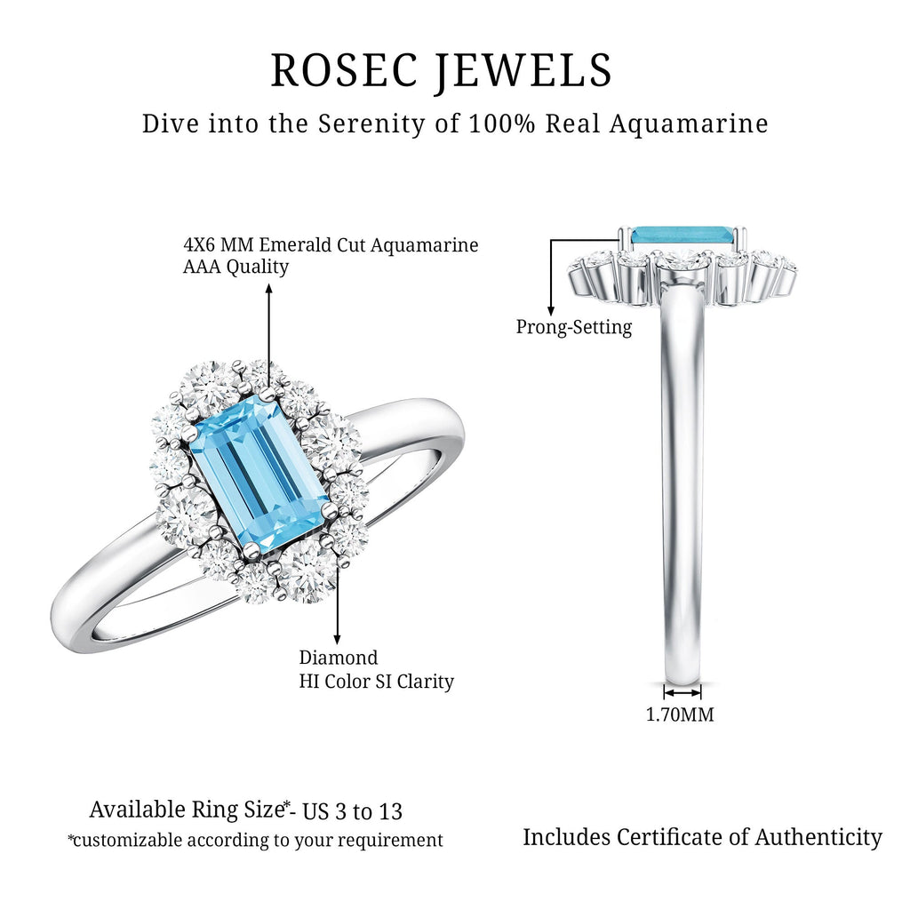 Octagon Aquamarine Ring – Diamond Halo Engagement Ring with Blue Gemstone Elegance