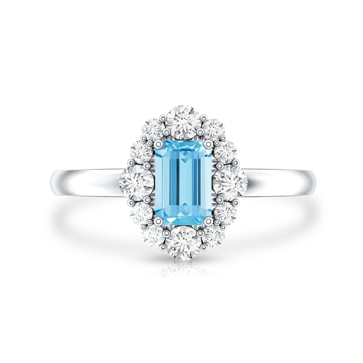 Octagon Aquamarine Ring – Diamond Halo Engagement Ring with Blue Gemstone Elegance