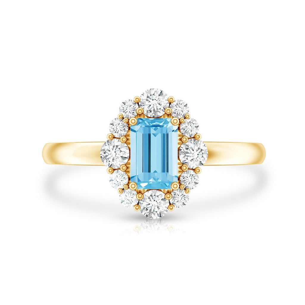 Octagon Aquamarine Ring – Diamond Halo Engagement Ring with Blue Gemstone Elegance