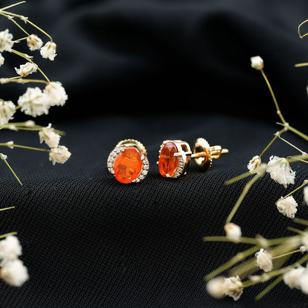 Orange Fire Opal Solitaire Stud Earrings with Diamond