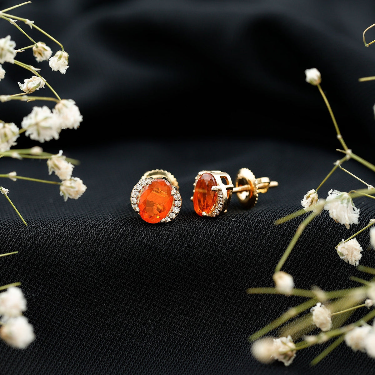Orange Fire Opal Solitaire Stud Earrings with Diamond