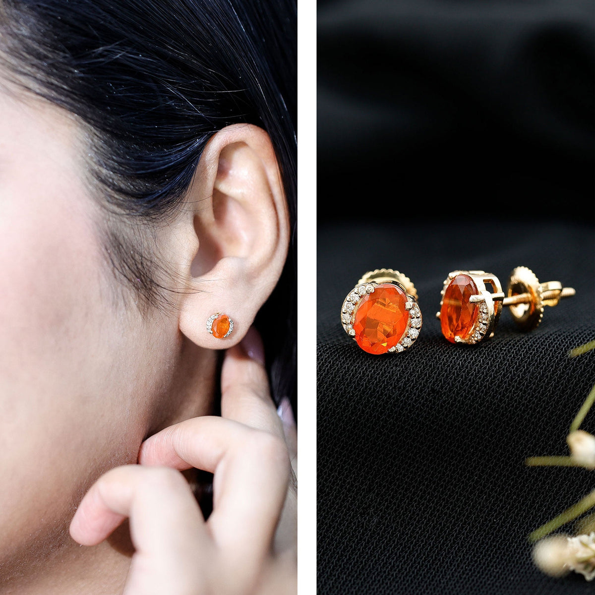 Orange Fire Opal Solitaire Stud Earrings with Diamond