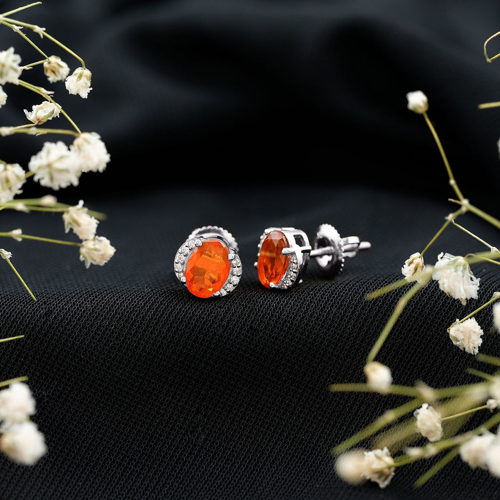 Orange Fire Opal Solitaire Stud Earrings with Diamond