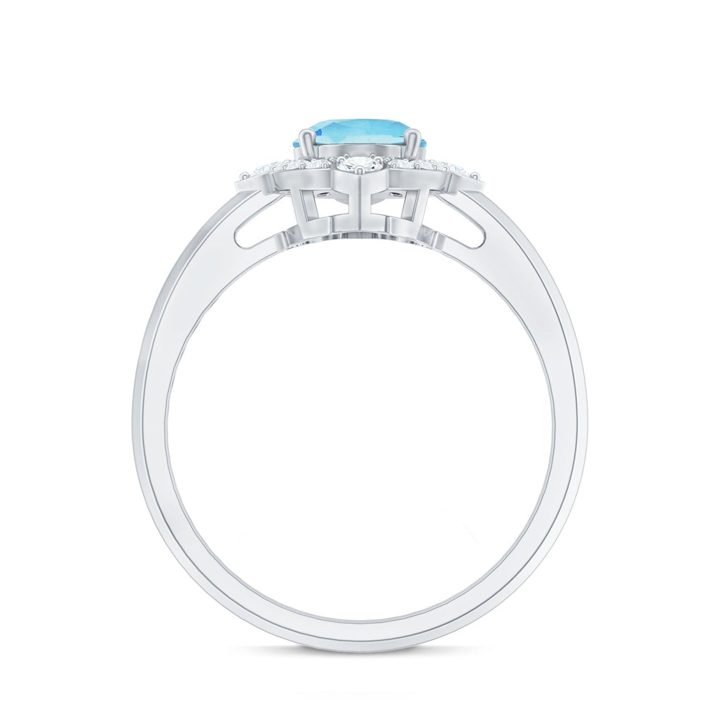 Oval Aquamarine Ring – 1 Carat Engagement Ring with Diamond Halo | AAA Quality