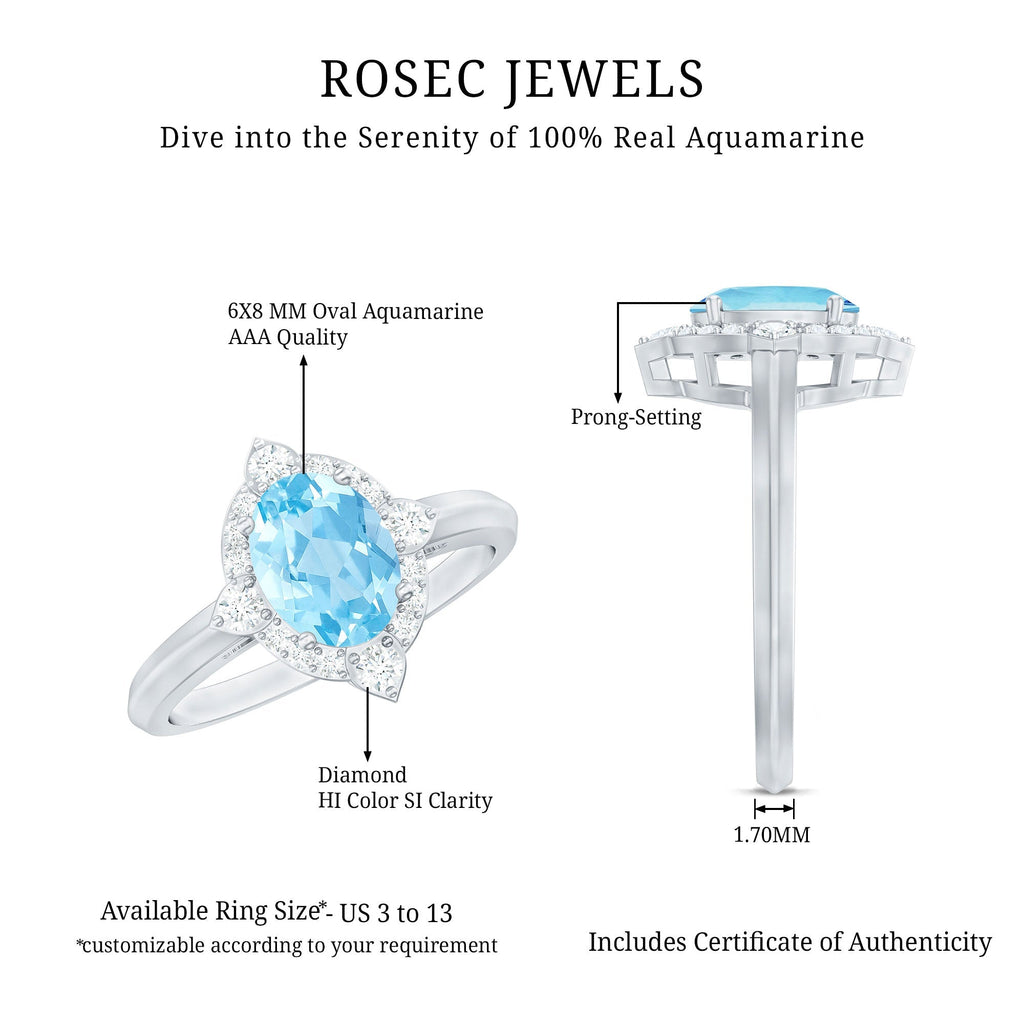 Oval Aquamarine Ring – 1 Carat Engagement Ring with Diamond Halo | AAA Quality