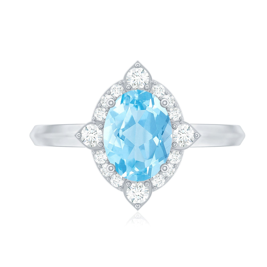 Oval Aquamarine Ring – 1 Carat Engagement Ring with Diamond Halo | AAA Quality