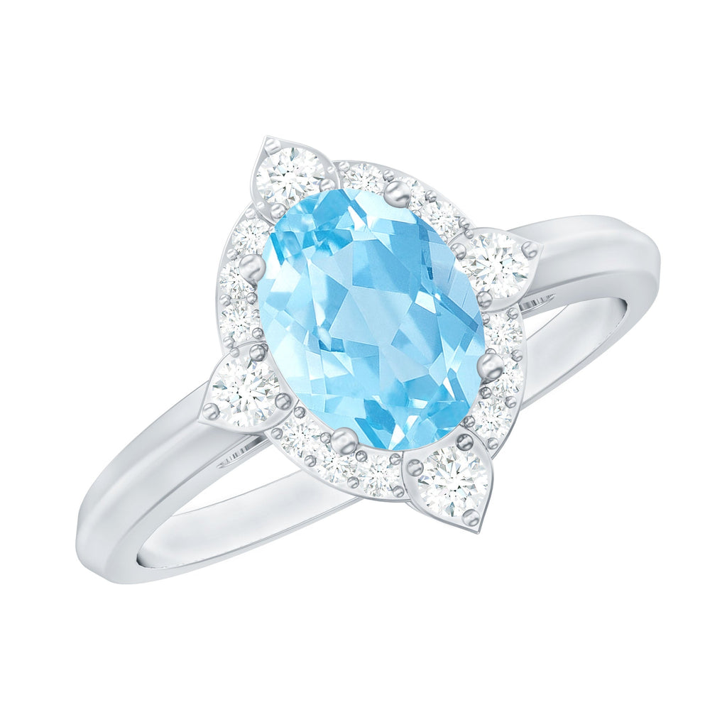 Oval Aquamarine Ring – 1 Carat Engagement Ring with Diamond Halo | AAA Quality