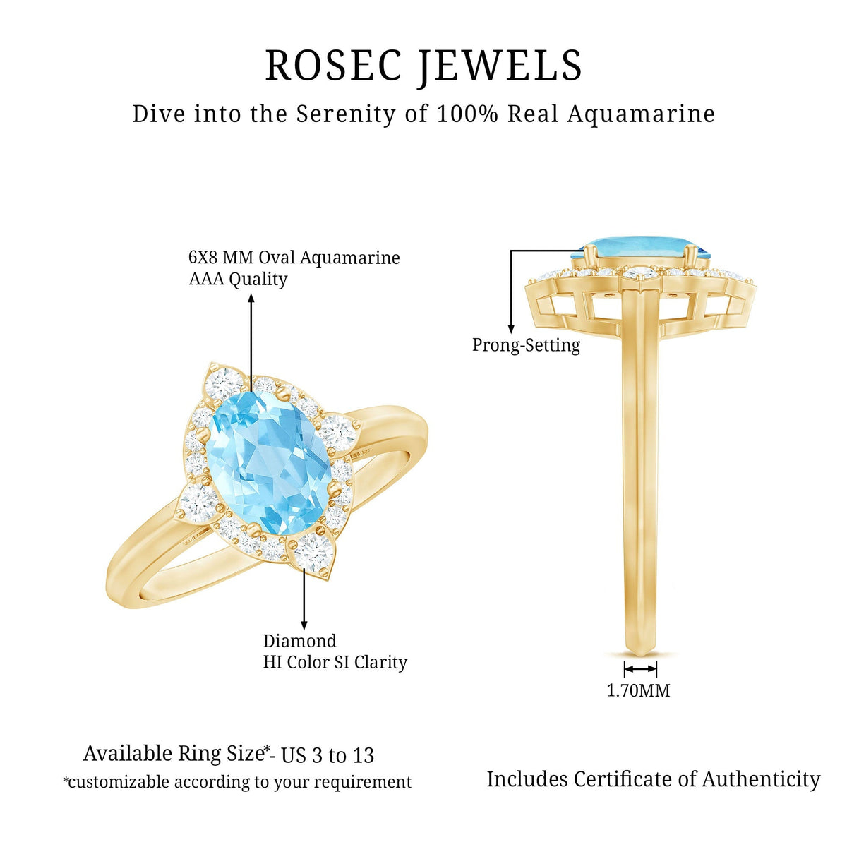 Oval Aquamarine Ring – 1 Carat Engagement Ring with Diamond Halo | AAA Quality