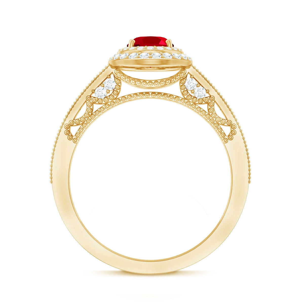 Oval Created Ruby Double Halo Engagement Ring with Diamond