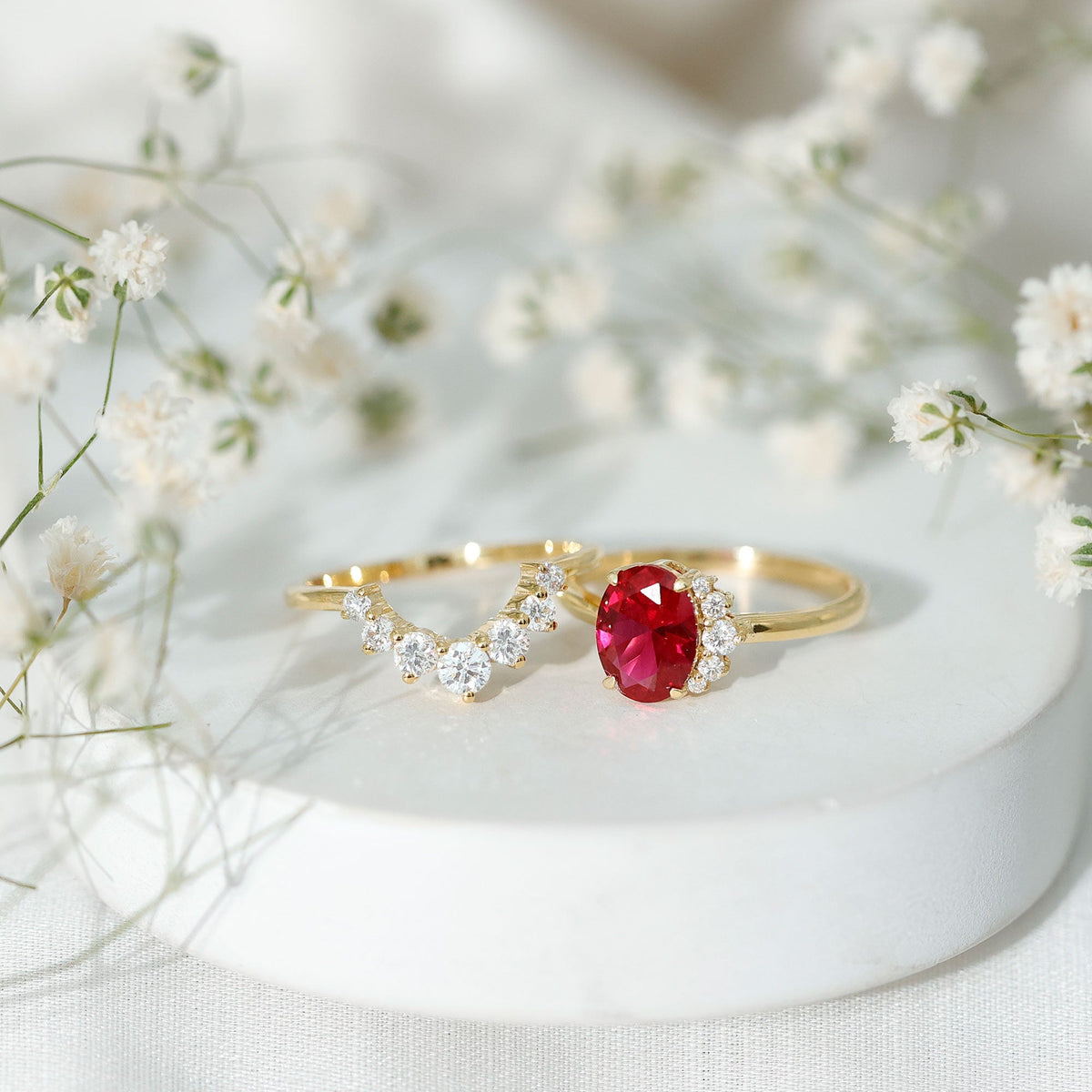 Oval Created Ruby Solitaire Wedding Ring Set with Diamond