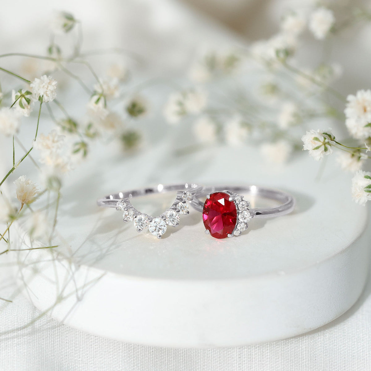 Oval Created Ruby Solitaire Wedding Ring Set with Diamond