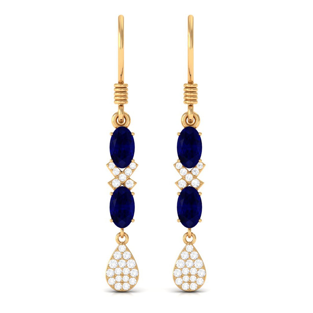 Oval Cut Blue Sapphire and Diamond Dangle Earrings