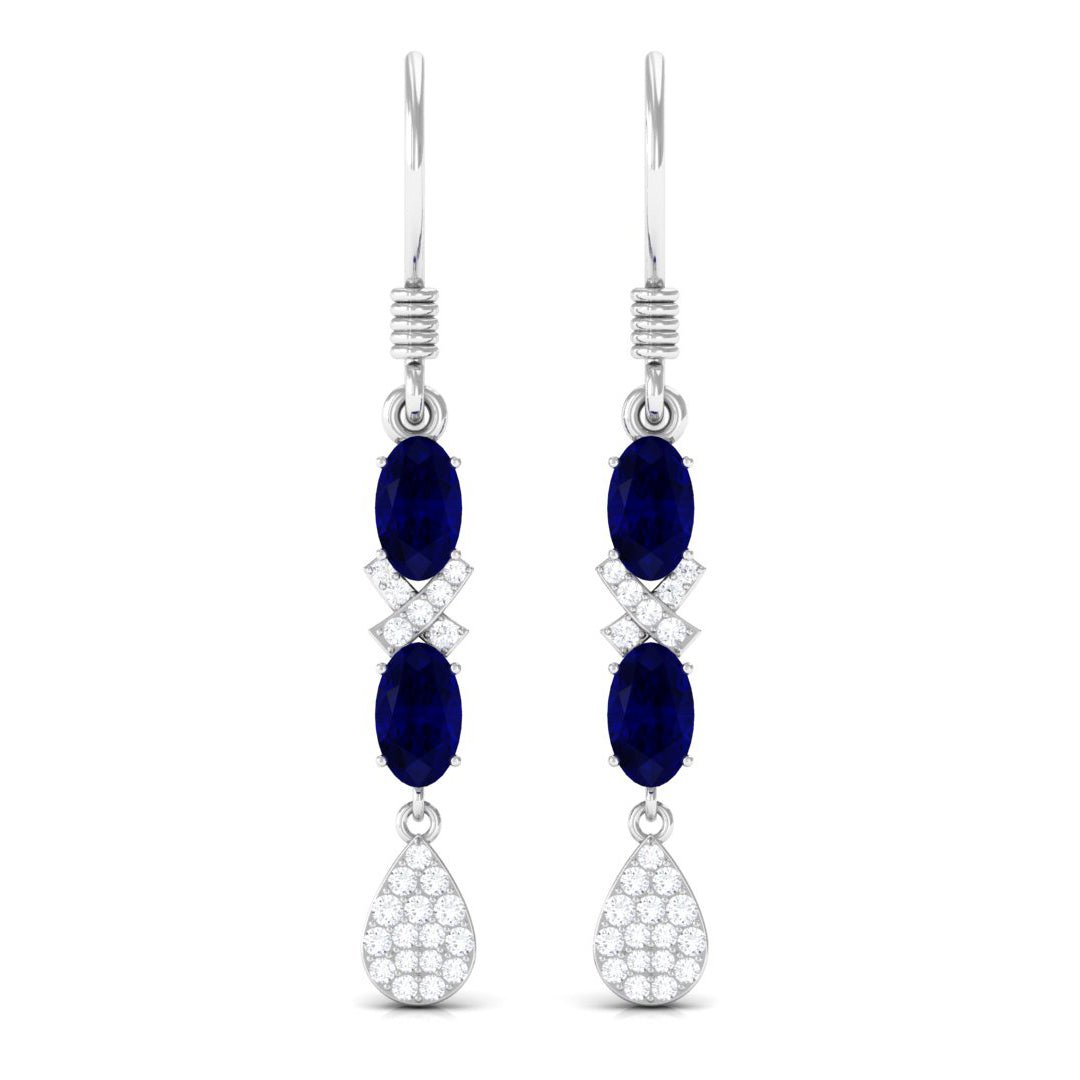 Oval Cut Blue Sapphire and Diamond Dangle Earrings
