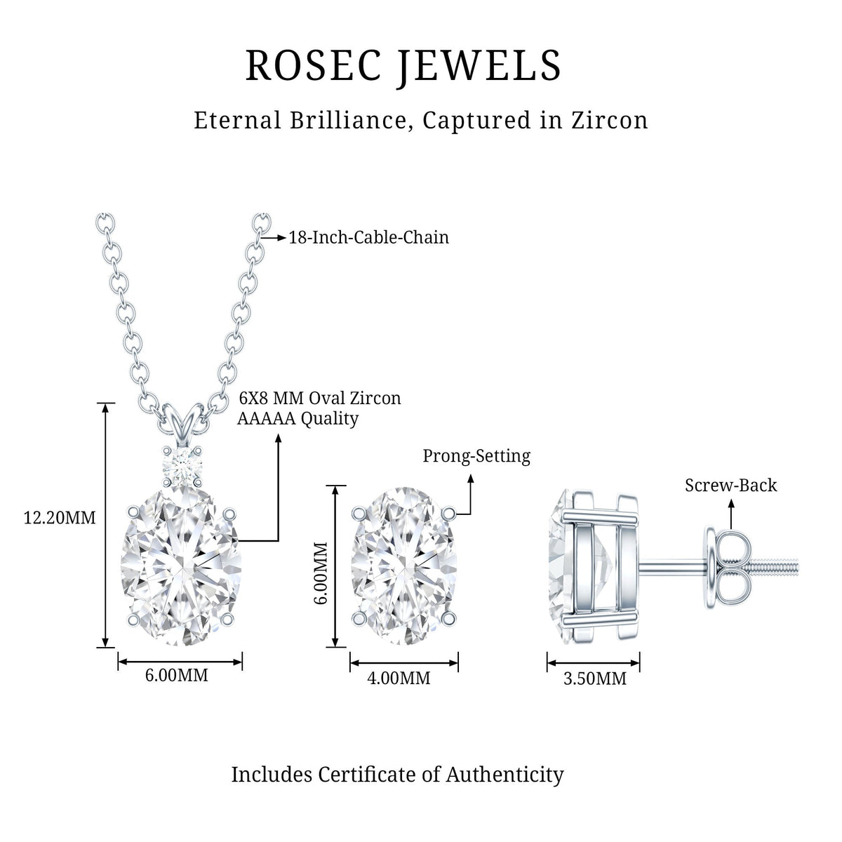 Oval Cut Cubic Zirconia Solitaire Necklace and Earrings in Silver
