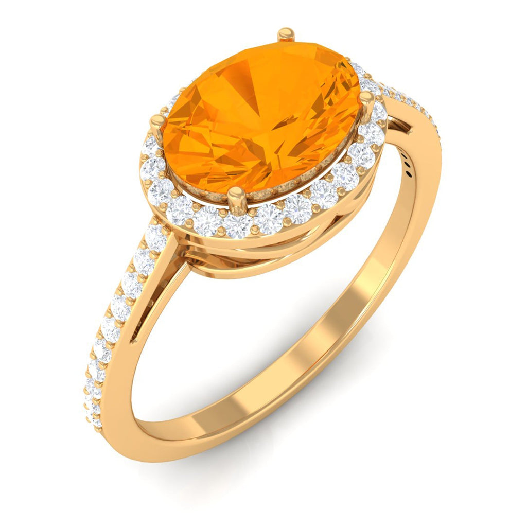 Oval Cut Fire Opal East West Engagement Ring with Diamond Halo